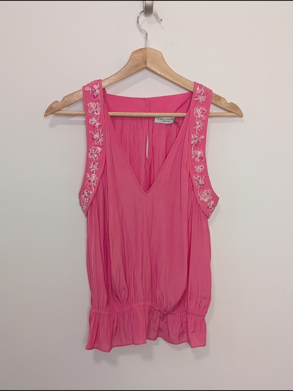 Ramy Brook Bright Pink Floral Embroidered Sleeveless V Neck Blouse Size Medium